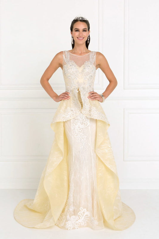 Lace Illusion Sweetheart A-Line Long Dress with Organza Overlay-0