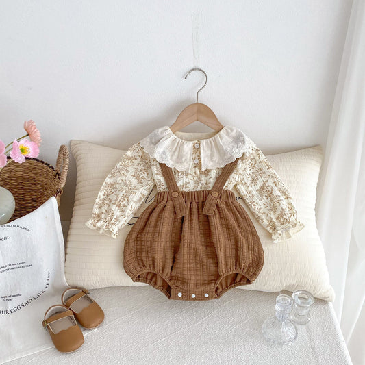 Autumn Arrival Baby Kids Girls Flowers Pattern Long Sleeves Top and Brown Overalls Strap Onesies Casual Outfits Clothing Set-0