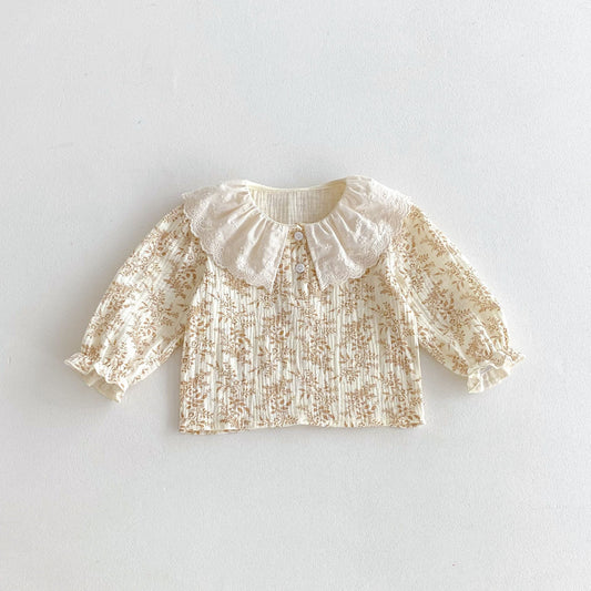 Autumn Arrival Baby Kids Girls Flowers Pattern Long Sleeves Top and Brown Overalls Strap Onesies Casual Outfits Clothing Set-1