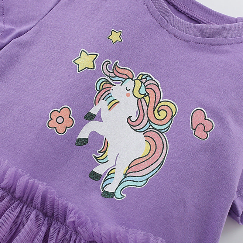 Summer Arrival Horse Cartoon Pattern Short Sleeves Tulle Design Cute Dress for Stylish Girls-2