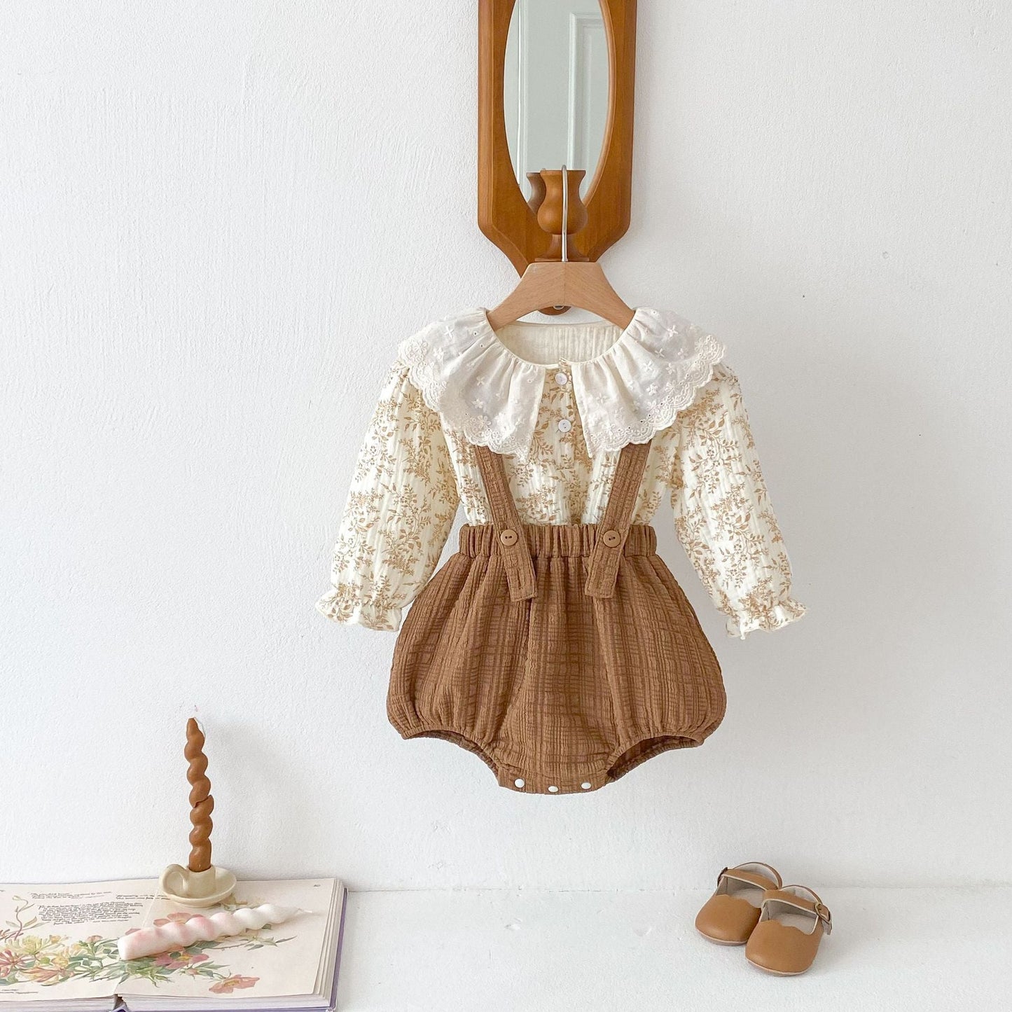 Autumn Arrival Baby Kids Girls Flowers Pattern Long Sleeves Top and Brown Overalls Strap Onesies Casual Outfits Clothing Set-3