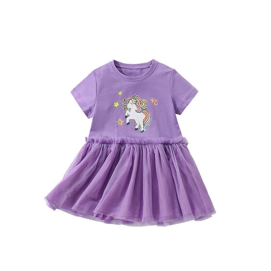 Summer Arrival Horse Cartoon Pattern Short Sleeves Tulle Design Cute Dress for Stylish Girls-0