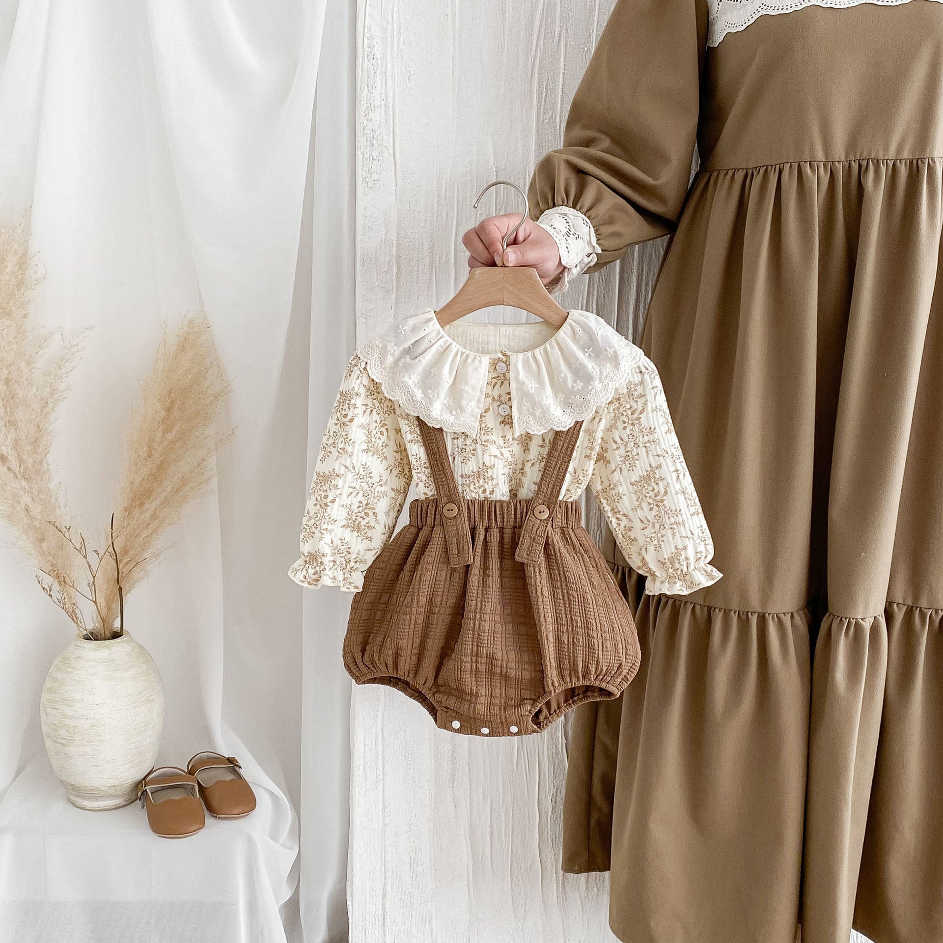 Autumn Arrival Baby Kids Girls Flowers Pattern Long Sleeves Top and Brown Overalls Strap Onesies Casual Outfits Clothing Set-4