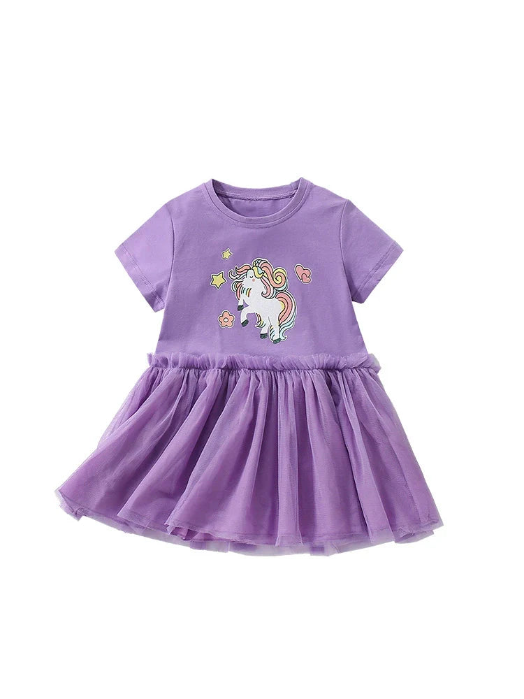 Summer Arrival Horse Cartoon Pattern Short Sleeves Tulle Design Cute Dress for Stylish Girls-4